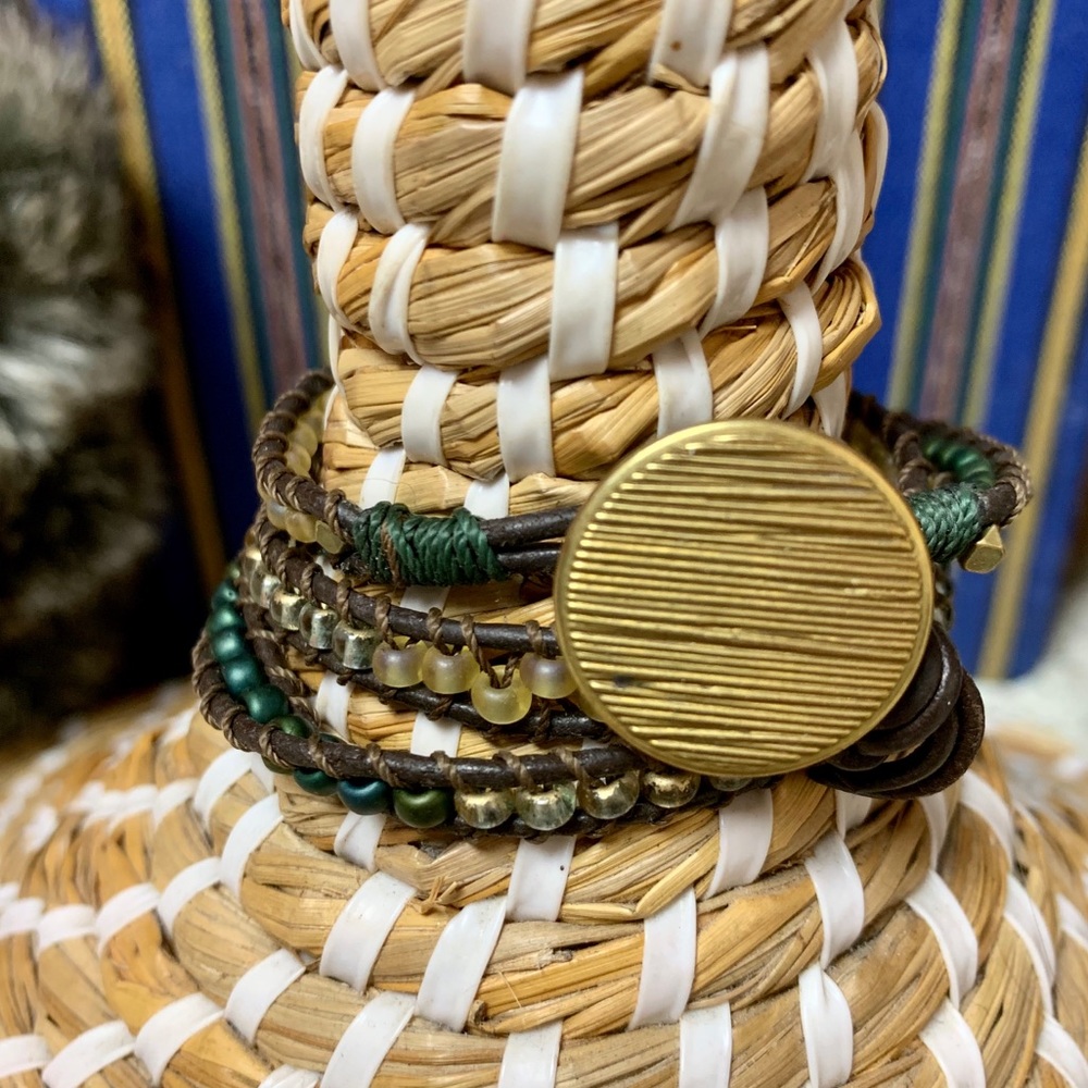Boho Beaded Wrap Artisan Bracelet w/ Brass Button